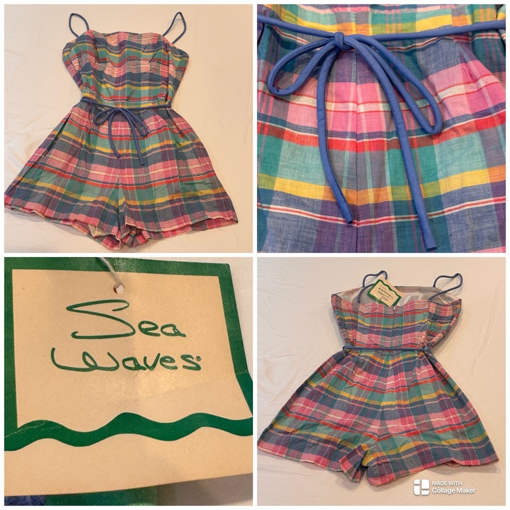 Vtg 70s NWT Deadstock Plaid SeaWaves Belted Swim/ Beach Romper Playsuit.